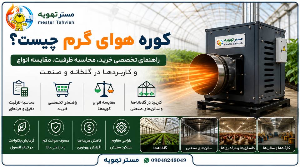 کوره هوای گرم چیست؟ راهنمای تخصصی خرید، محاسبه ظرفیت، مقایسه انواع و کاربردها در گلخانه و صنعت